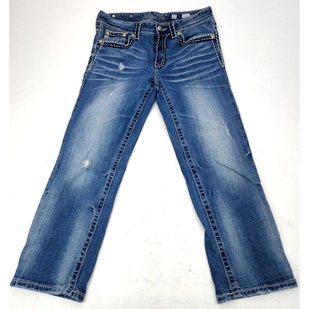 Miss Me Jeans Boyfriend 27 Jpb5014 Faded Blue Distressed Capri